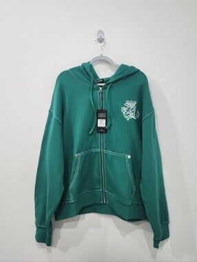 True Religion Logo Crest Big TR Boxy Zip-Up Hoodie Green Adult Size XL NWT